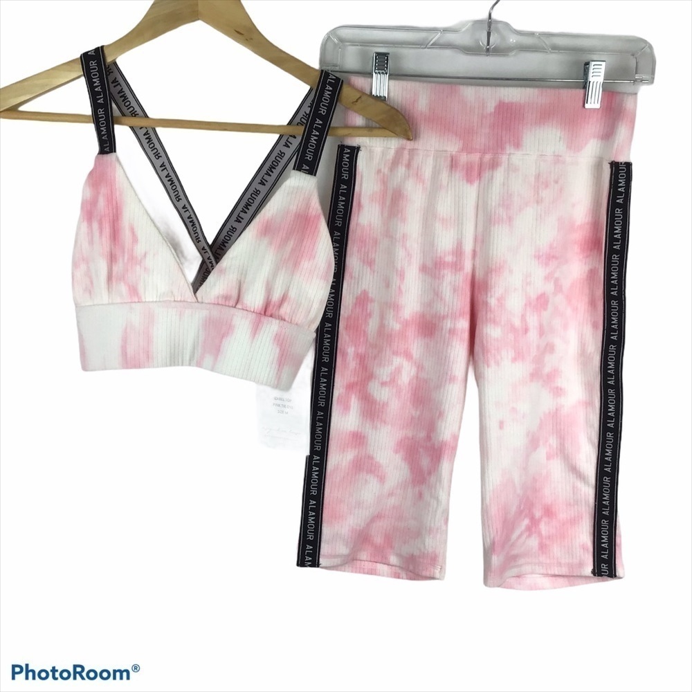 NWT Alamour the Label Izabel Set Pink Tie Dye Biker Shorts and Top